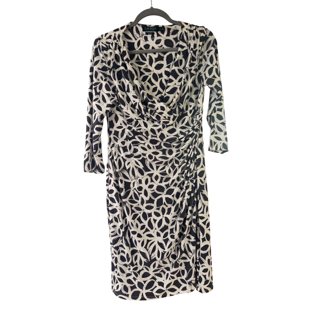 Lauren Ralph Lauren Navy White Abstract Floral Surplice Ruched Sheath Dress 10